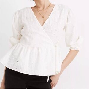 Madewell Embroidered Ivory/Off-White Eyelet Puff Sleeve Peplum Wrap Top Size M